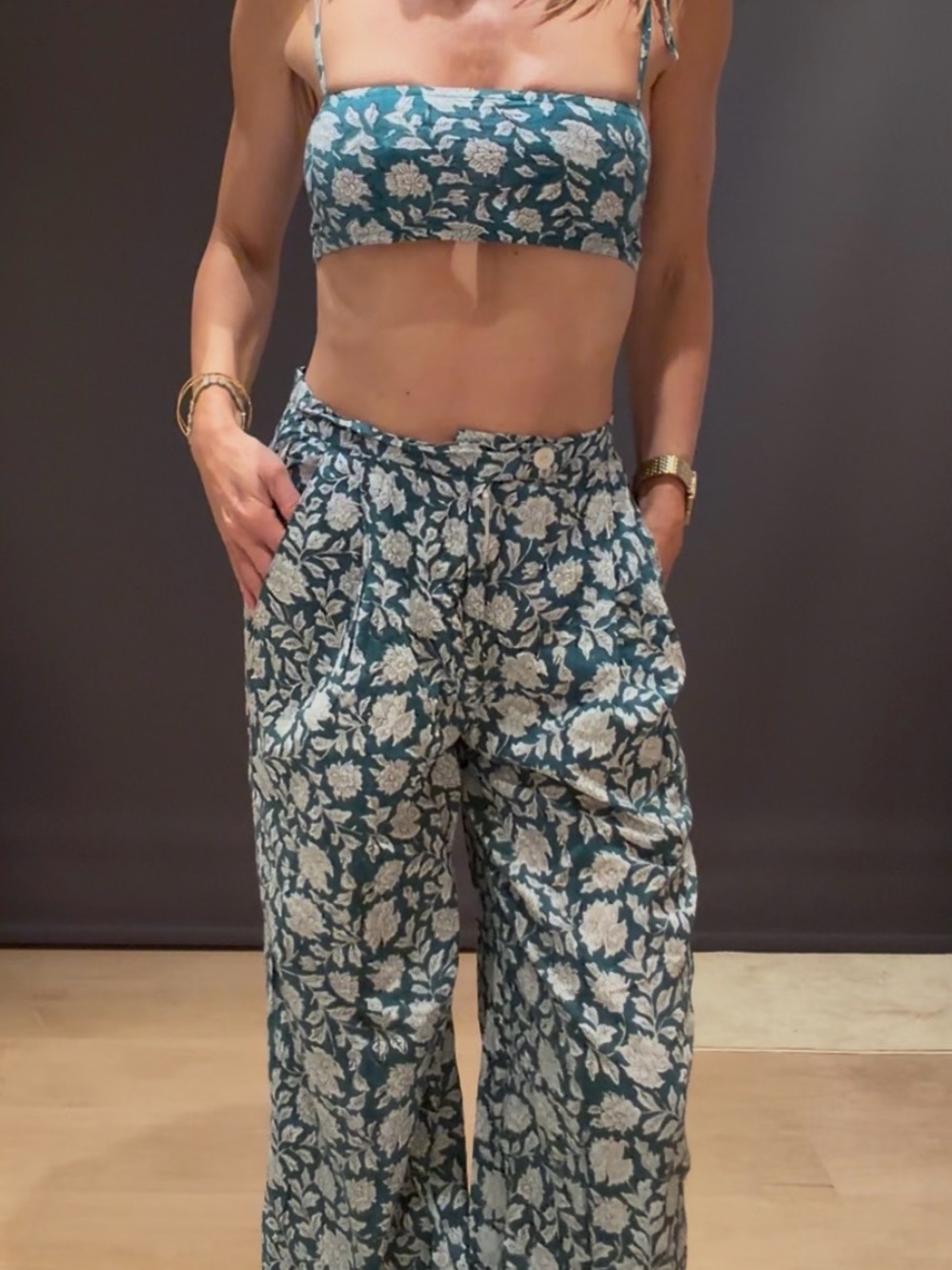 PDKF Store Floral Wide-Leg Pants in Teal & Cream